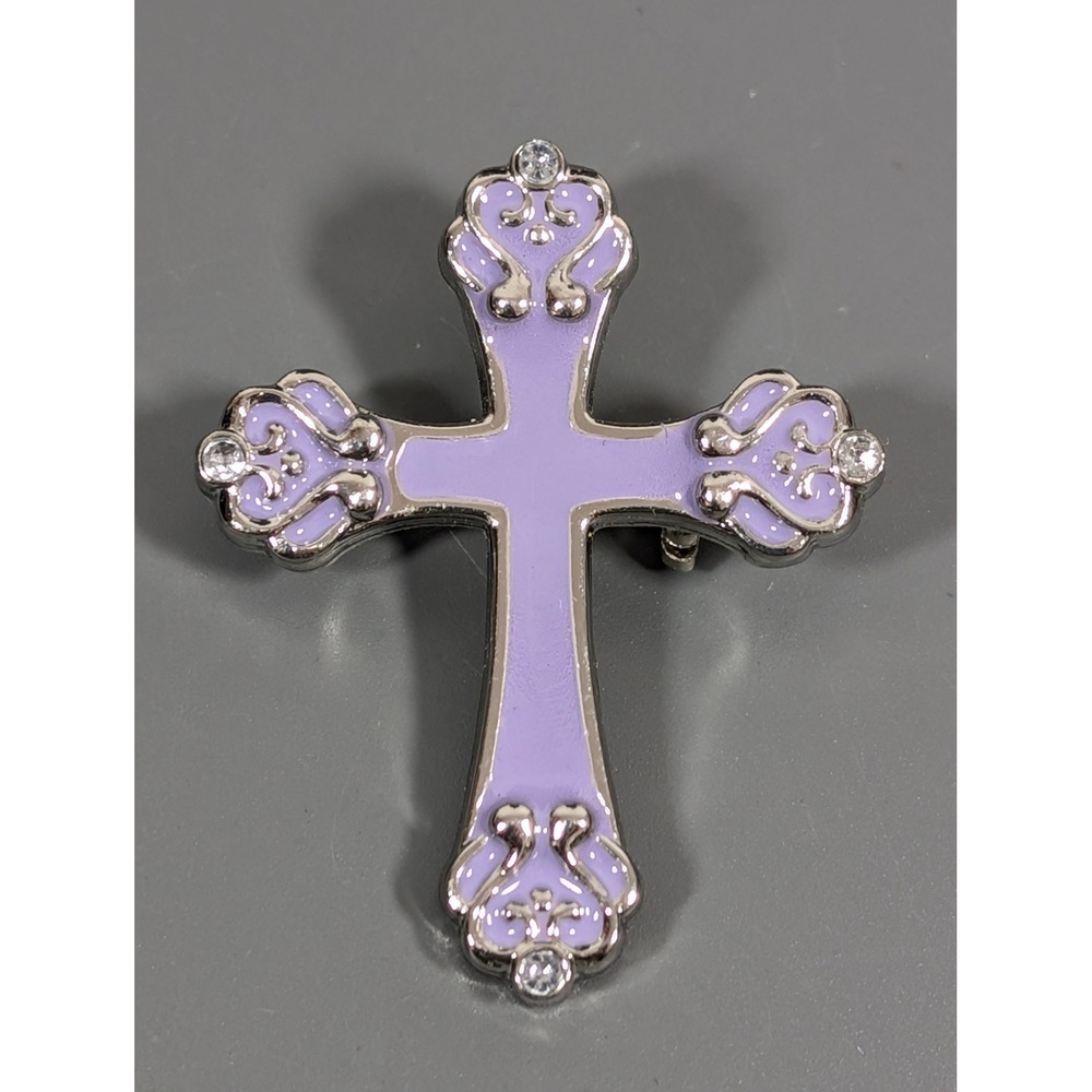 Vintage Harvey Lewis Purple Enamel Rhinestone‎ Cross Brooch Silver Tone Signed